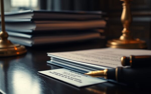 Dossiers de conformité réglementaire sur un bureau en bois avec lampe en laiton