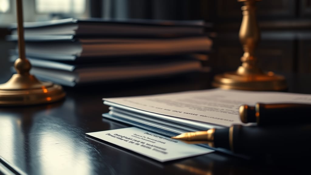 Dossiers de conformité réglementaire sur un bureau en bois avec lampe en laiton