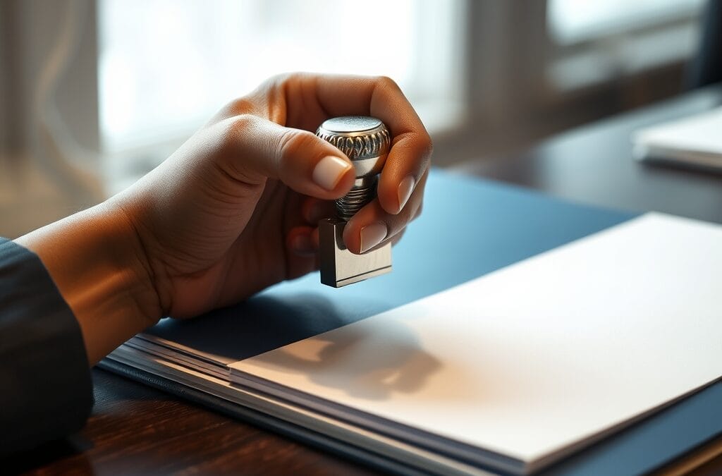 Main posant un tampon sur un dossier administratif devant une fenêtre