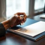 Main posant un tampon sur un dossier administratif devant une fenêtre