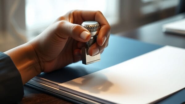 Main posant un tampon sur un dossier administratif devant une fenêtre