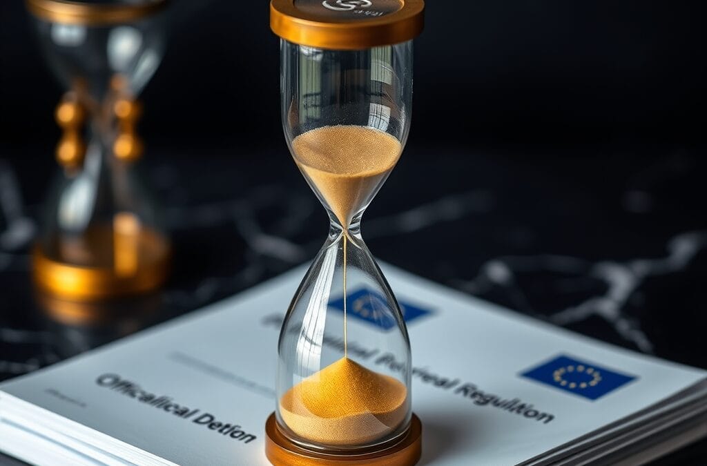 Sablier avec sable dore sur des documents reglementaires europeens sur marbre sombre