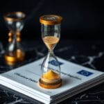 Sablier avec sable dore sur des documents reglementaires europeens sur marbre sombre