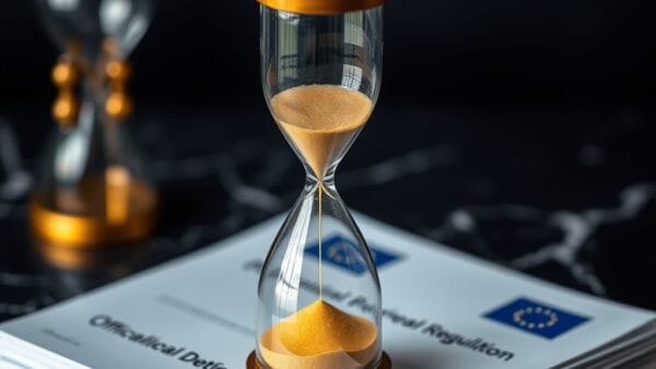 Sablier avec sable dore sur des documents reglementaires europeens sur marbre sombre