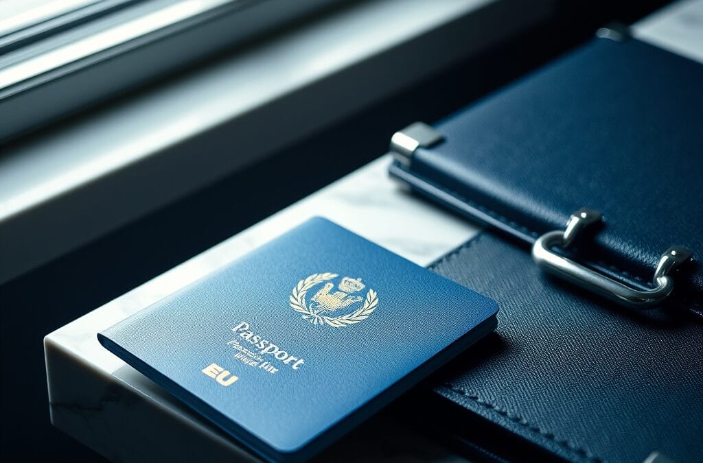 Passeport européen bleu et mallette métallique sur un bureau en marbre sous une lumière douce