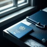 Passeport européen bleu et mallette métallique sur un bureau en marbre sous une lumière douce