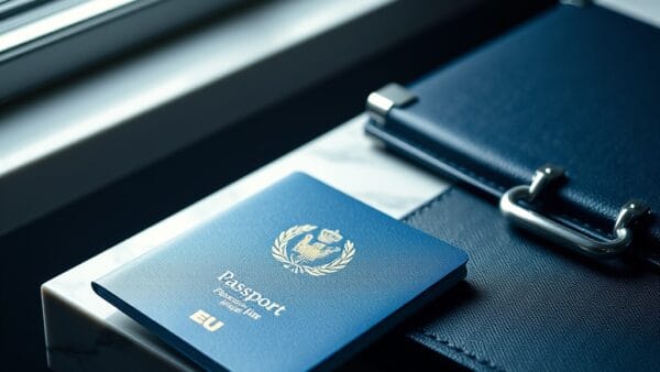 Passeport européen bleu et mallette métallique sur un bureau en marbre sous une lumière douce