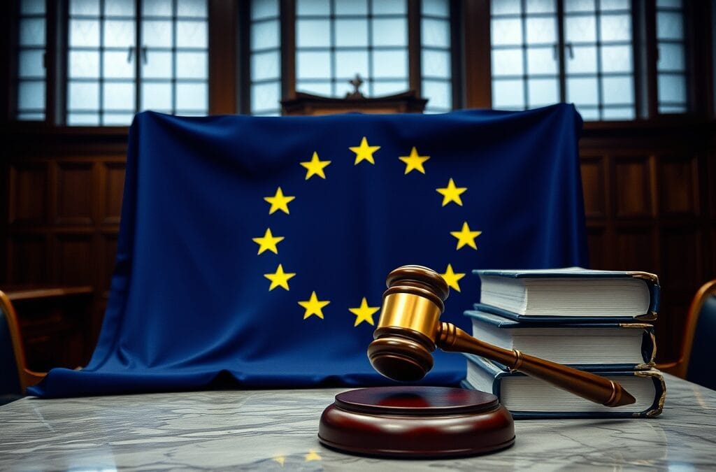 Drapeau europeen sur une table de tribunal avec un marteau de juge en laiton