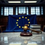 Drapeau europeen sur une table de tribunal avec un marteau de juge en laiton