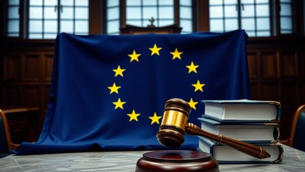 Drapeau europeen sur une table de tribunal avec un marteau de juge en laiton