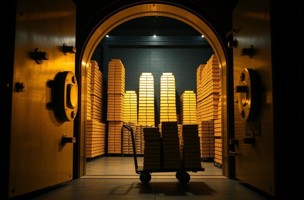 Porte de coffre-fort en laiton ouverte révélant des piles de lingots d or dans un caveau