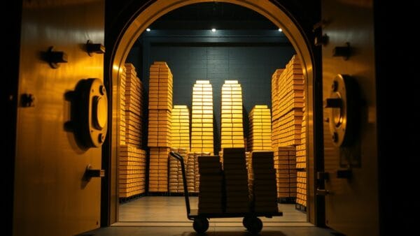 Porte de coffre-fort en laiton ouverte révélant des piles de lingots d or dans un caveau