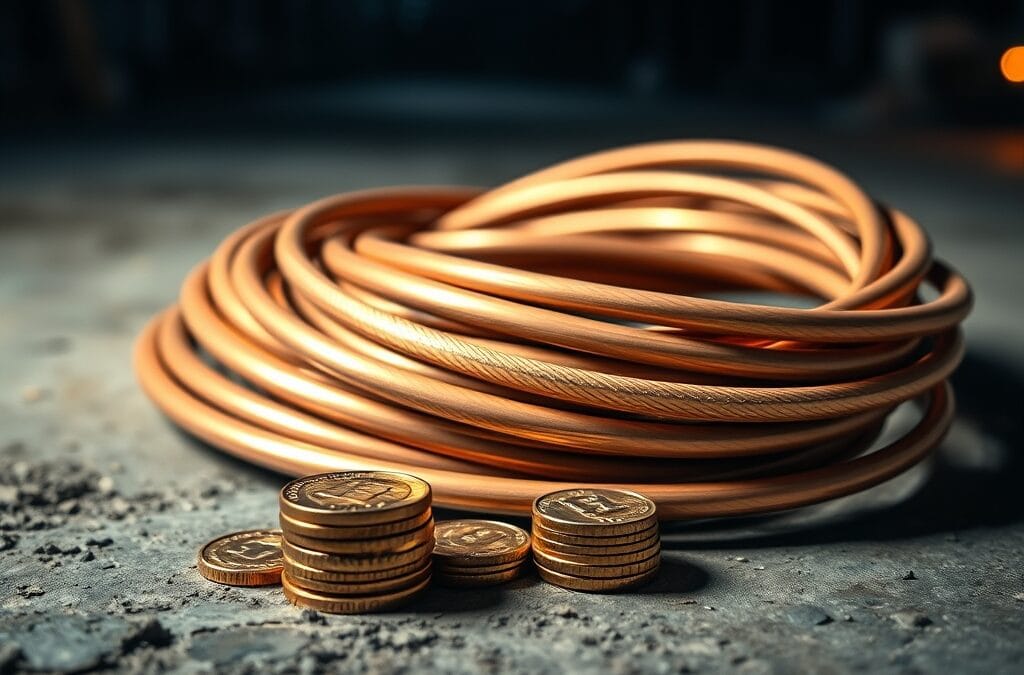 Câble en cuivre épais enroulé sur un sol industriel à côté de pièces dorées.