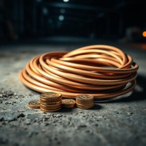 Câble en cuivre épais enroulé sur un sol industriel à côté de pièces dorées.