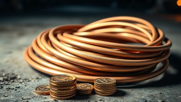 Câble en cuivre épais enroulé sur un sol industriel à côté de pièces dorées.