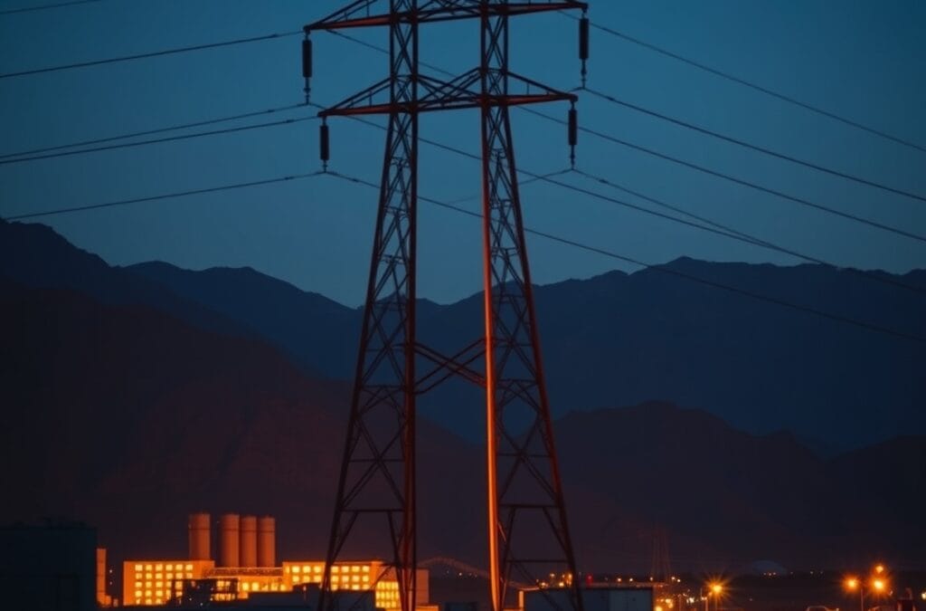 Pylône électrique dans un paysage montagneux au crépuscule avec bâtiments industriels éclairés