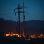 Pylône électrique dans un paysage montagneux au crépuscule avec bâtiments industriels éclairés