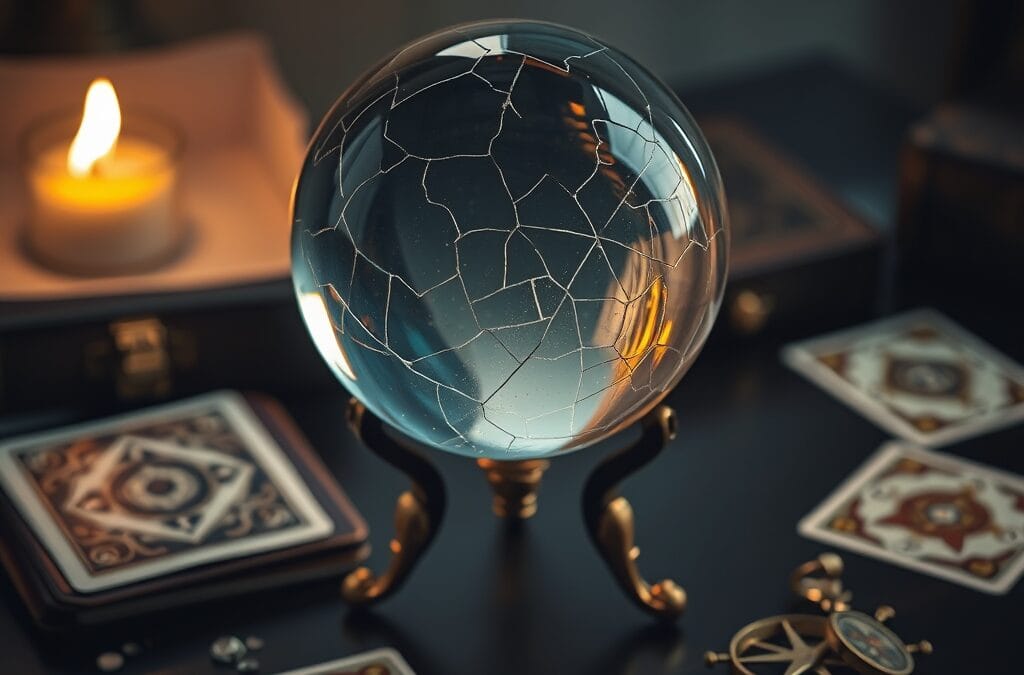 Boule de cristal fissuree sur un trepied en laiton avec cartes de tarot et boussole cassee