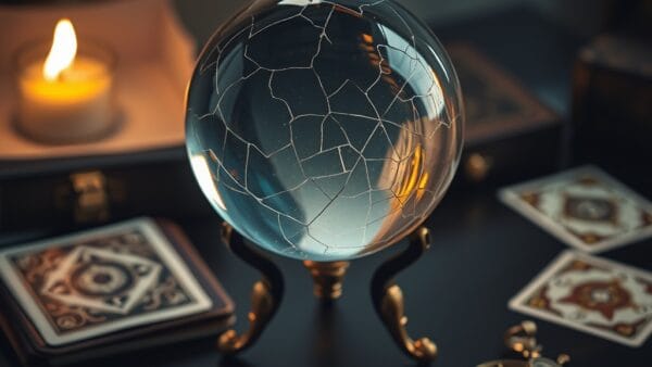 Boule de cristal fissuree sur un trepied en laiton avec cartes de tarot et boussole cassee