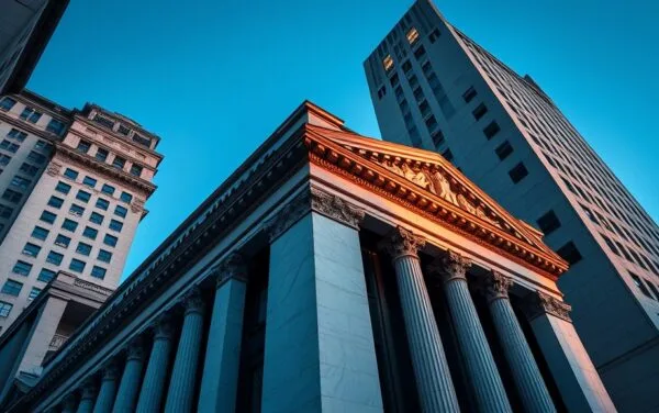 Façade de banque d'investissement classique de Wall Street au crépuscule