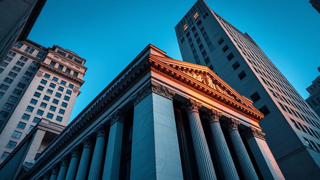 Façade de banque d'investissement classique de Wall Street au crépuscule