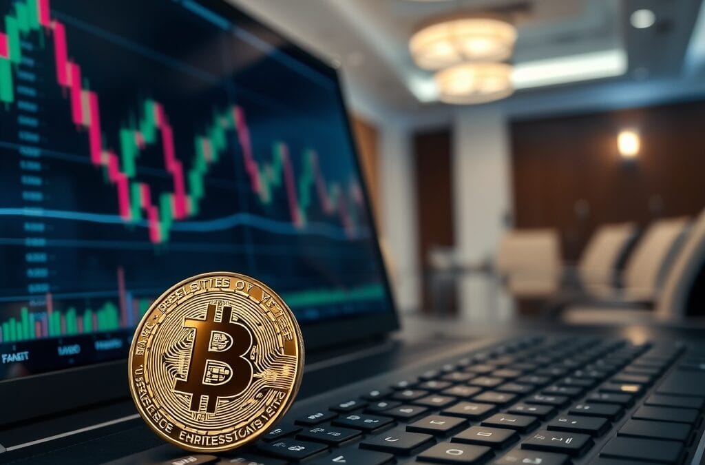 Pièce Bitcoin physique et tableau de bord financier — MSBT ETF de Morgan Stanley