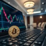 Pièce Bitcoin physique et tableau de bord financier — MSBT ETF de Morgan Stanley