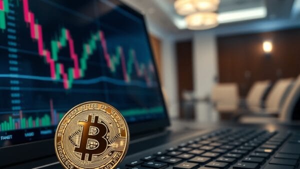 Pièce Bitcoin physique et tableau de bord financier — MSBT ETF de Morgan Stanley