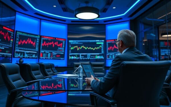 Salle de marché institutionnelle avec écrans de trading et cadre dirigeant