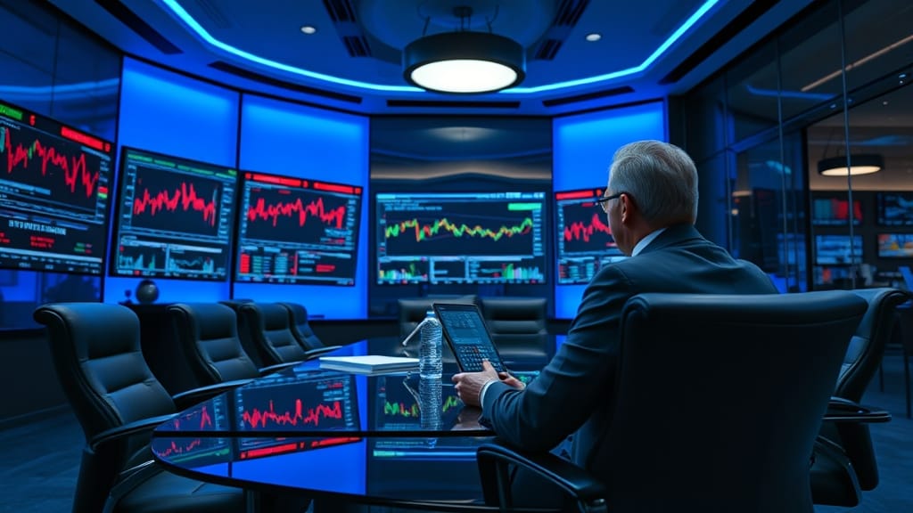 Salle de marché institutionnelle avec écrans de trading et cadre dirigeant