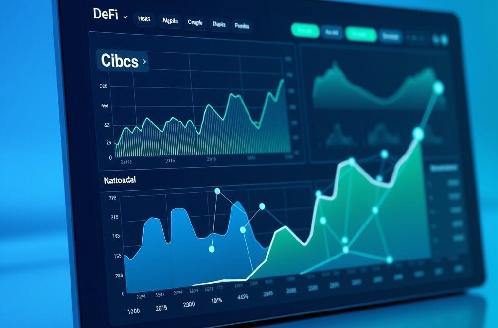 Tableau de bord financier DeFi avec courbes de croissance et données en temps réel