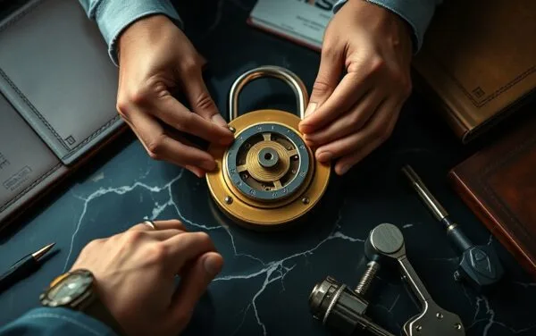 Mains examinant une serrure mécanique en laiton sur un bureau de marbre sombre, ambiance navy et or