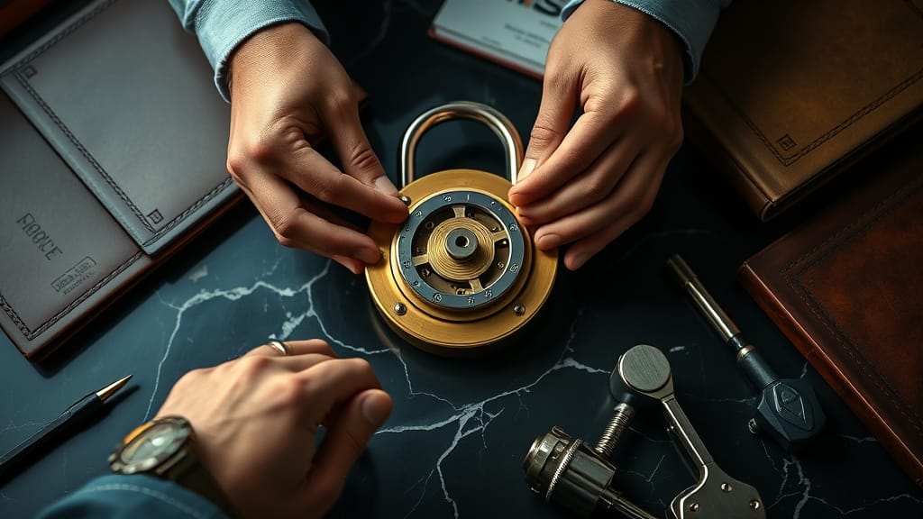 Mains examinant une serrure mécanique en laiton sur un bureau de marbre sombre, ambiance navy et or
