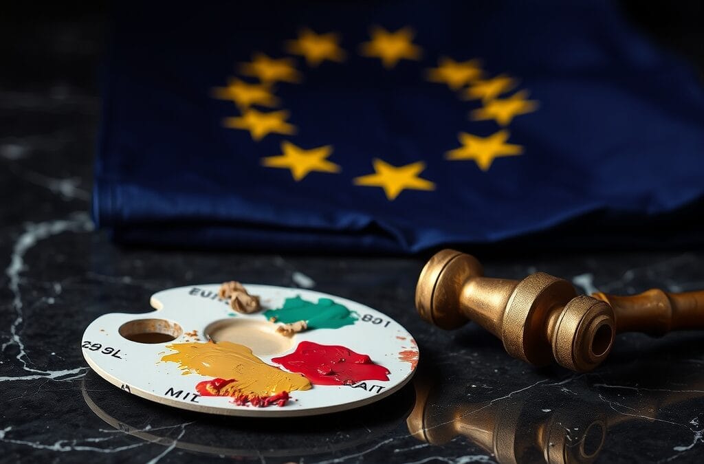 Palette de peintre avec marteau de juge en laiton sur marbre et drapeau UE