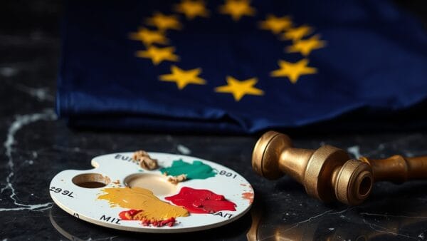 Palette de peintre avec marteau de juge en laiton sur marbre et drapeau UE