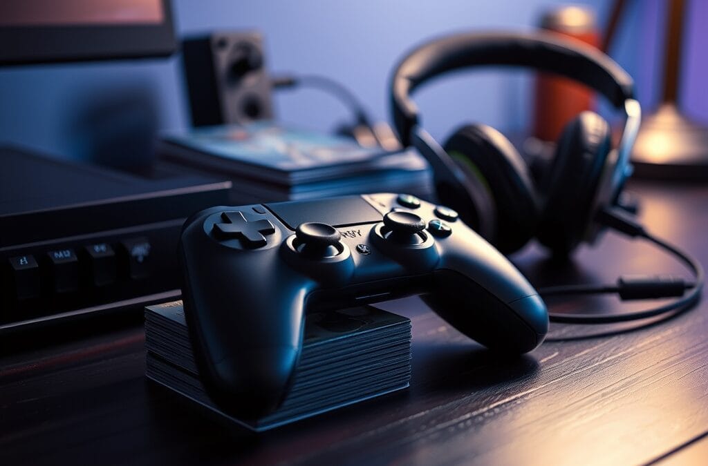 Manette de jeu sur un bureau sombre avec des cartes a collectionner et un casque audio