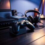 Manette de jeu sur un bureau sombre avec des cartes a collectionner et un casque audio