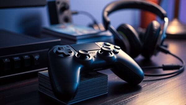 Manette de jeu sur un bureau sombre avec des cartes a collectionner et un casque audio