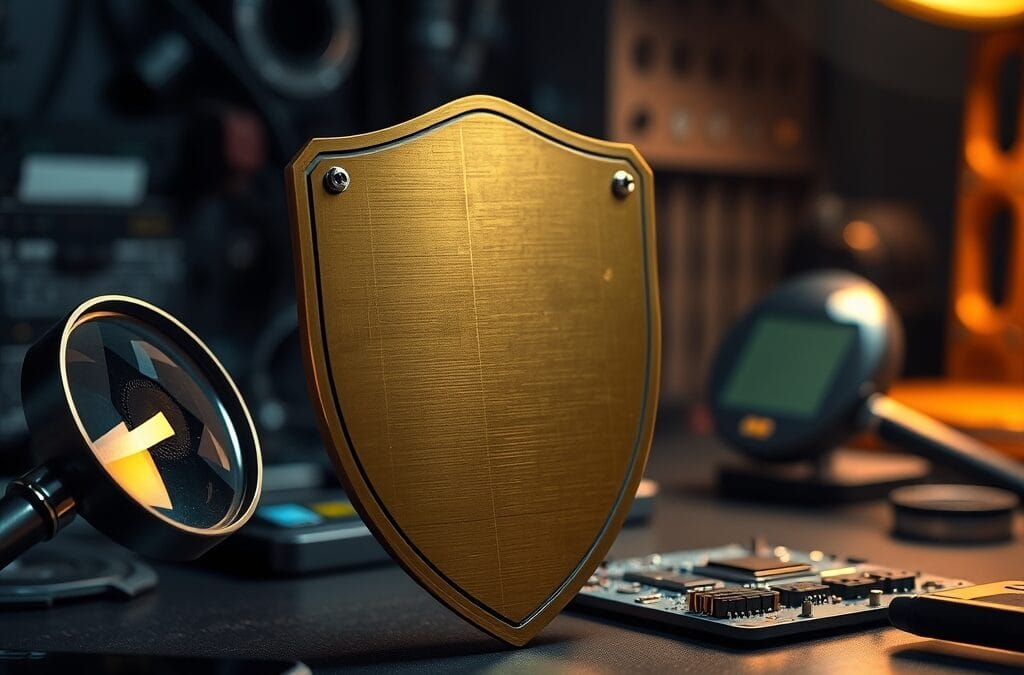 Bouclier en laiton debout sur un établi tech avec loupe et carte de circuit réparée