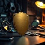 Bouclier en laiton debout sur un établi tech avec loupe et carte de circuit réparée