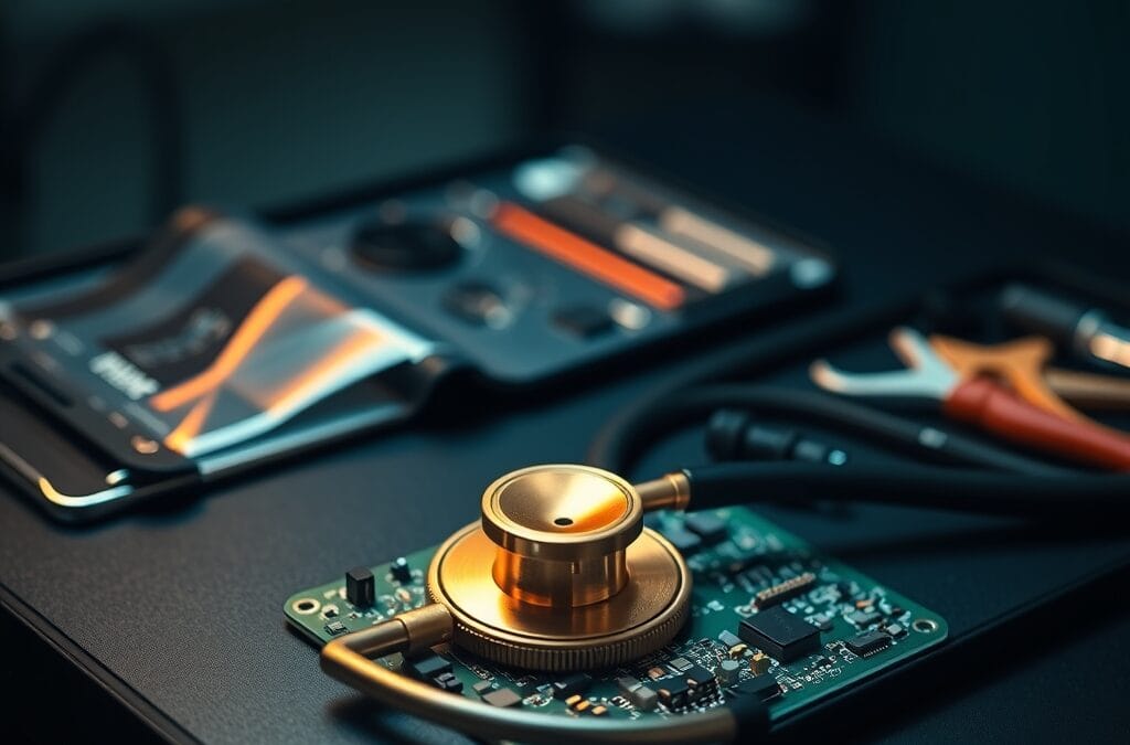 Stéthoscope en laiton posé sur une carte de circuit avec kit de réparation ouvert