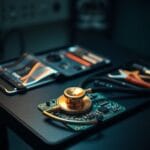 Stéthoscope en laiton posé sur une carte de circuit avec kit de réparation ouvert