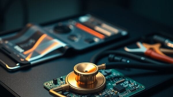 Stéthoscope en laiton posé sur une carte de circuit avec kit de réparation ouvert