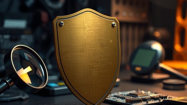 Bouclier en laiton debout sur un établi tech avec loupe et carte de circuit réparée