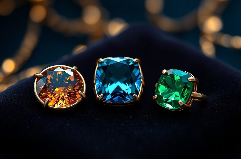 Trois pierres précieuses en sertissage laiton sur un plateau de joaillier en velours