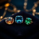 Trois pierres précieuses en sertissage laiton sur un plateau de joaillier en velours