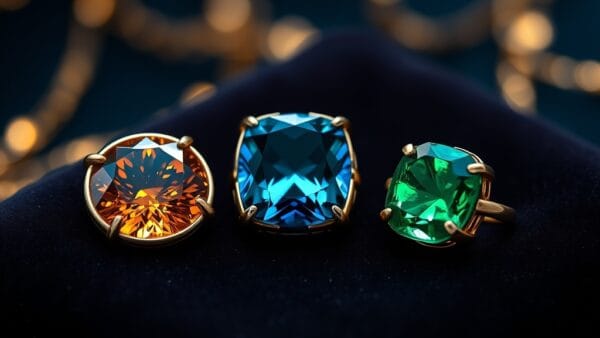 Trois pierres précieuses en sertissage laiton sur un plateau de joaillier en velours