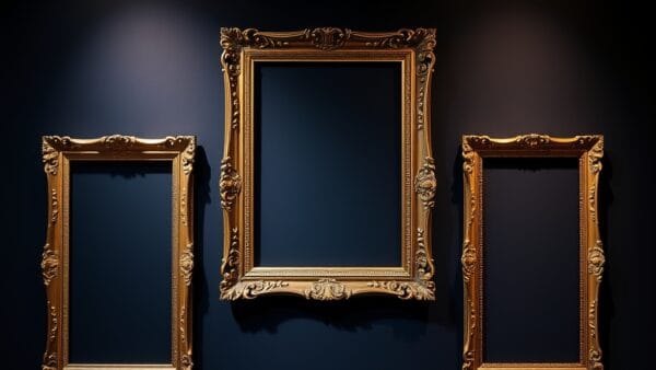 Trois cadres en laiton ornés de styles différents accrochés vides dans une galerie