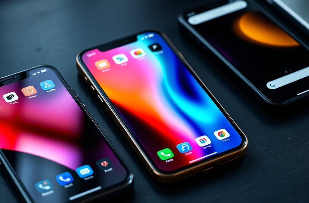 Trois smartphones côte à côte sur un bureau en ardoise, affichant des interfaces colorées.