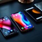 Trois smartphones côte à côte sur un bureau en ardoise, affichant des interfaces colorées.